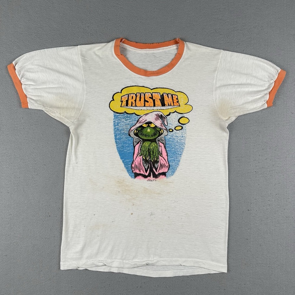 Vintage 70s Trust Me Roach 72 Graphic Ringer Shirt Men's Small White Alien Art